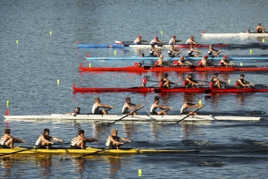 school boys rowing in a race